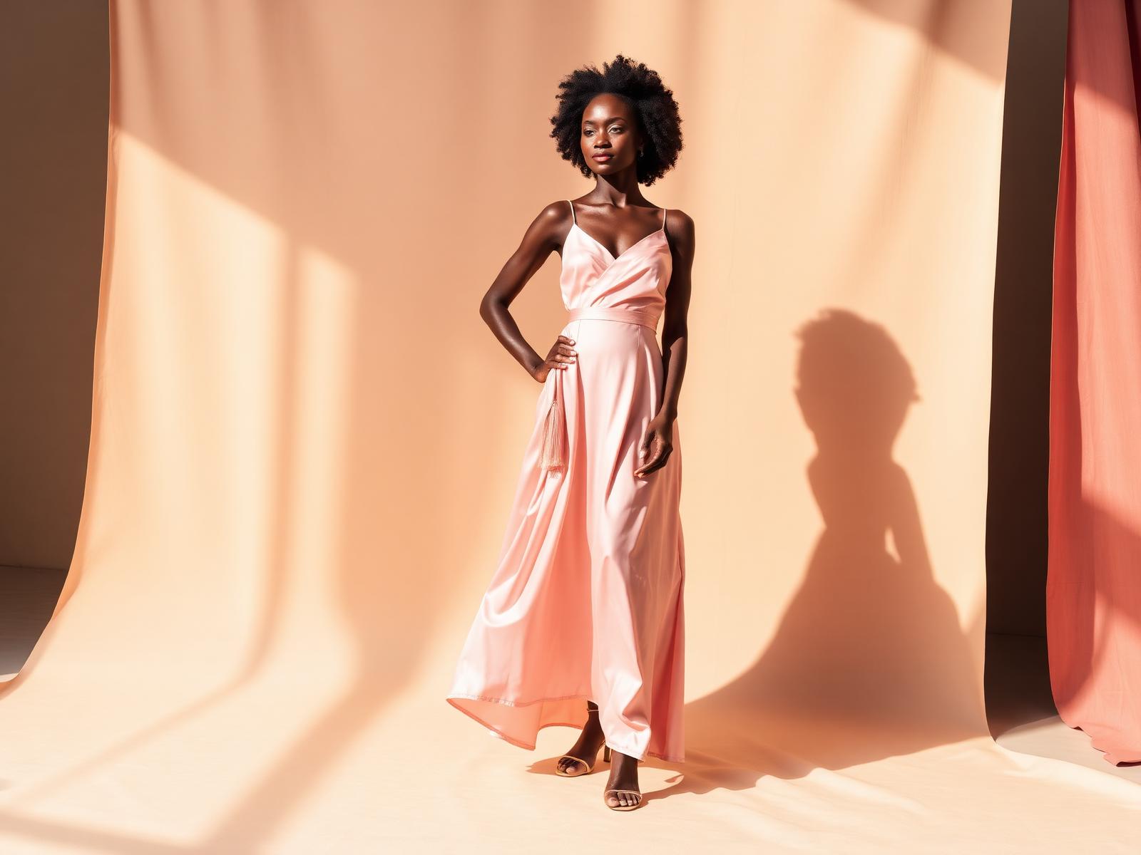 Model in a blush pink silk dress